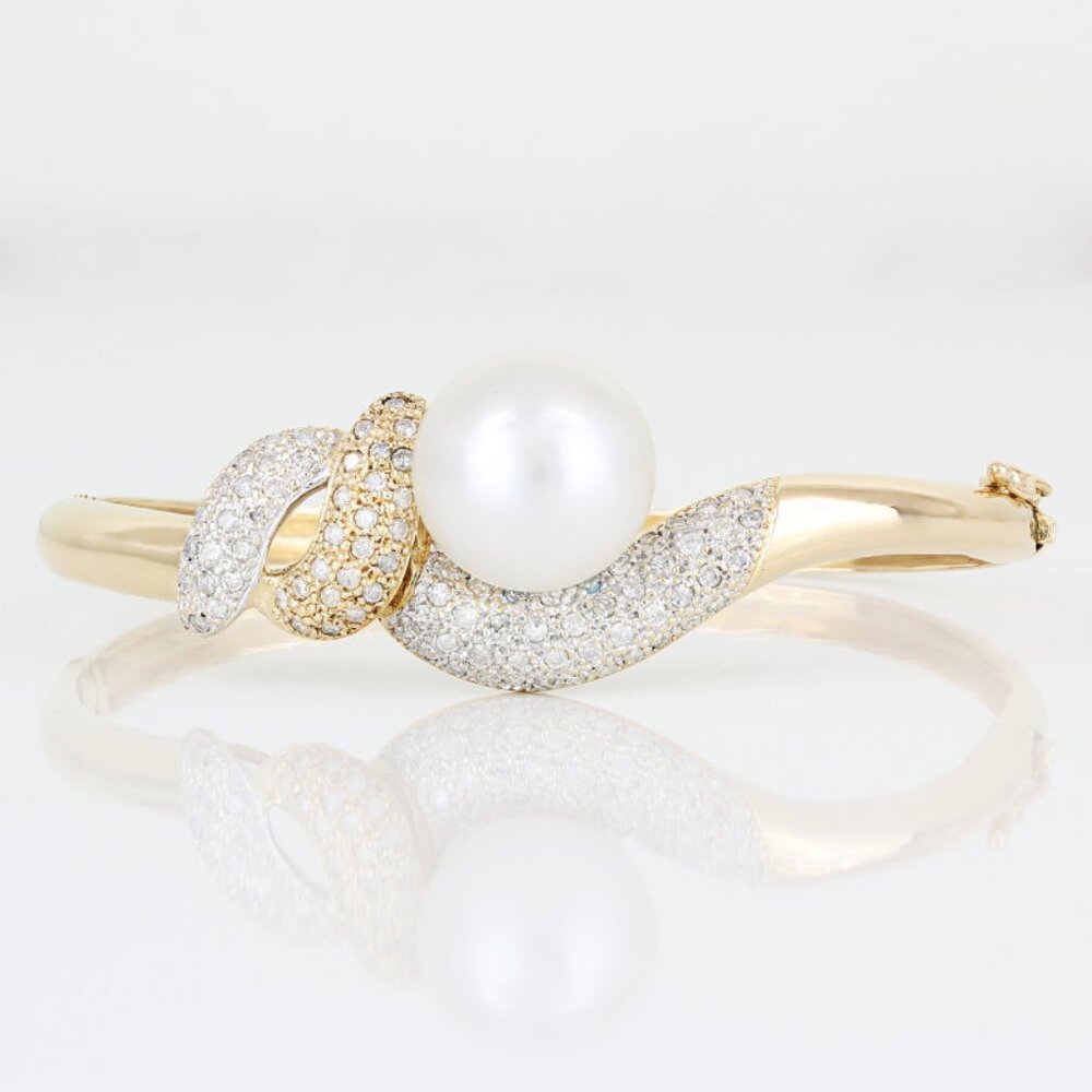 14KYG Diamond Mabe Pearl Bangle Bracelet Modern Baroque Anniversary Gift